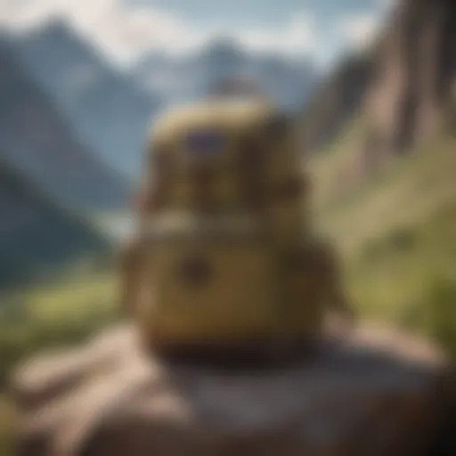 A rugged JanSport solid color backpack against a scenic mountain backdrop, ready for adventure.