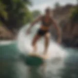 An athlete performing a JDI slide on a surfboard