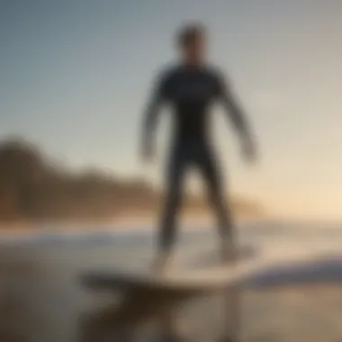 A serene beach setting with a group of jet board surfers enjoying the water