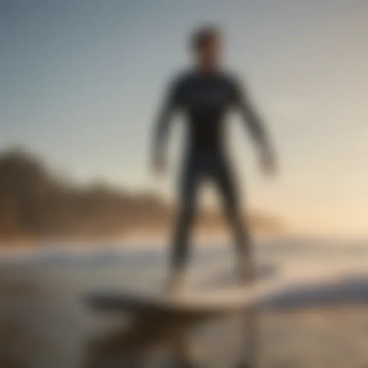 A serene beach setting with a group of jet board surfers enjoying the water