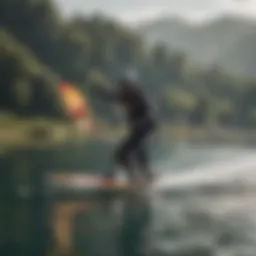 A kitewing foiling session showcasing a rider gliding over water