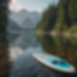 Serene lake view with paddle boards resting on the shore