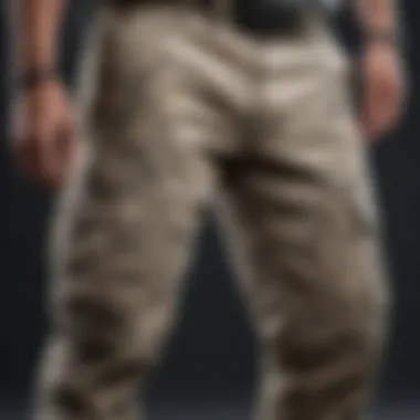 A gear layout featuring light camo cargo pants with outdoor equipment