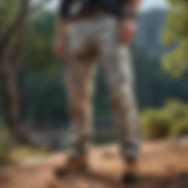 A model showcasing light camo cargo pants in a natural outdoor setting