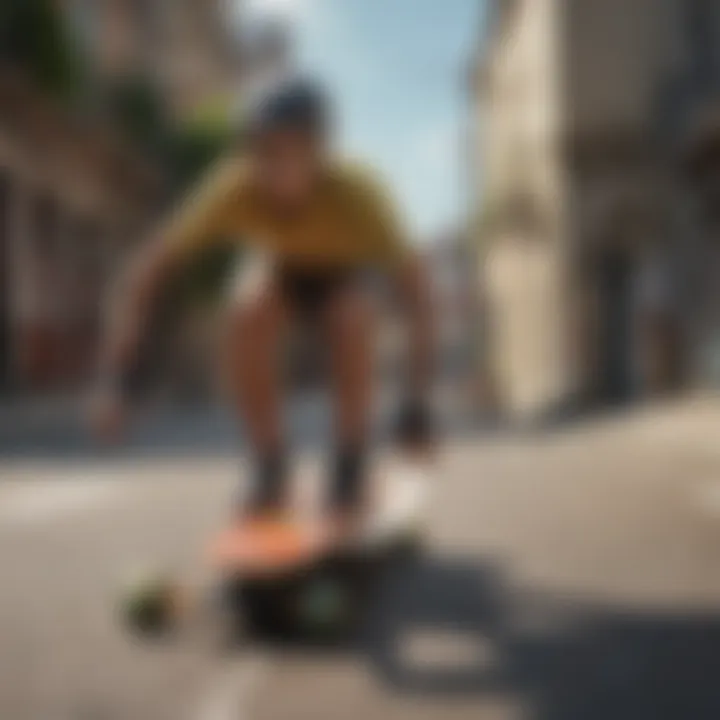 Children learning longboarding skills in a vibrant setting