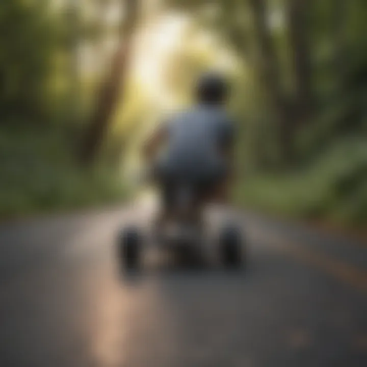 A serene landscape featuring longboard riders enjoying the outdoors