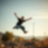 A person in loose stretchy pants performing a dynamic leap in a scenic outdoor setting