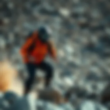 Stylish and Functional Outerwear in Action Enthusiast navigating rugged terrain while wearing a stylish jacket