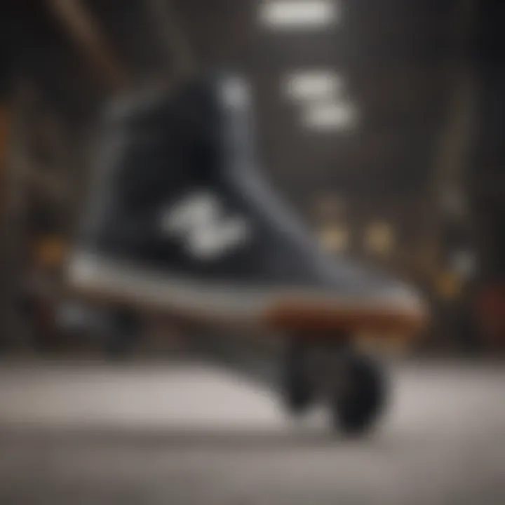 New Balance black skate shoes in action during a skateboarding trick
