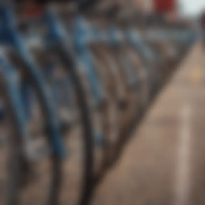 Close-up of racing bicycles lined up at the starting line