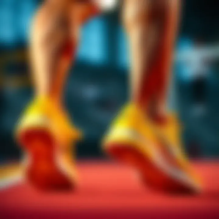 Athlete wearing bright yellow Nike shoes in an extreme sports setting.