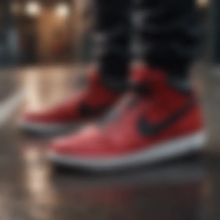 Cultural representation of Nike red and black shoes in urban settings.