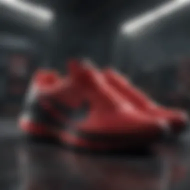 Dynamic angle of Nike red and black shoes showcasing their design features.