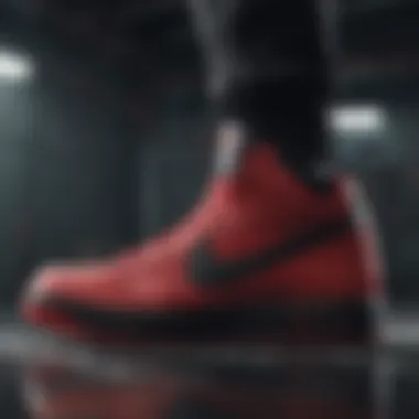 Close-up of the advanced technology used in Nike red and black shoes.