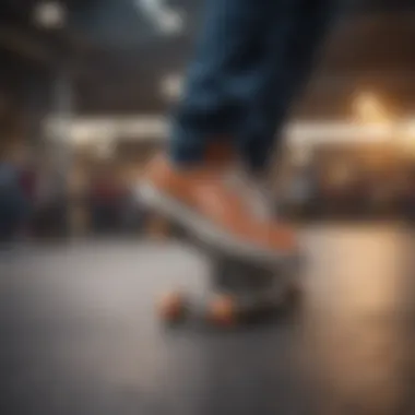 Skateboarder performing tricks in stylish skate sneakers on a vibrant skate park.