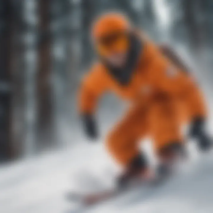 Snowboarder wearing orange goggles while navigating a snowy slope.