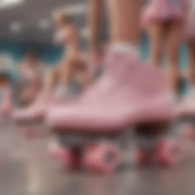 A community gathering of roller skaters showcasing the pastel pink trend.