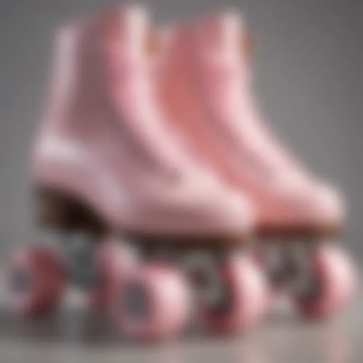 Close-up of pastel pink roller skates showcasing intricate design and wheels.