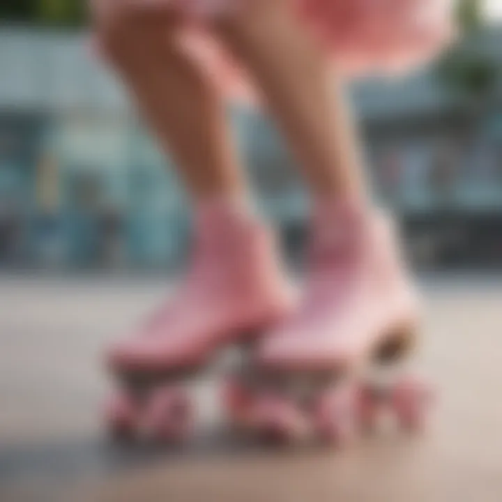 A skater performing tricks in pastel pink roller skates at a local skate park.