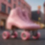 A pair of pastel pink roller skates resting on a vibrant urban backdrop.