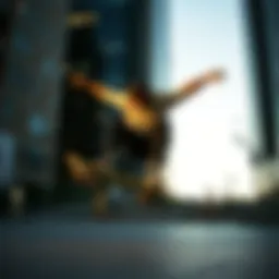 A dynamic skateboarder performing a trick in an urban setting