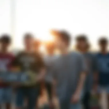 A group of young skaters gathered, symbolizing skate culture
