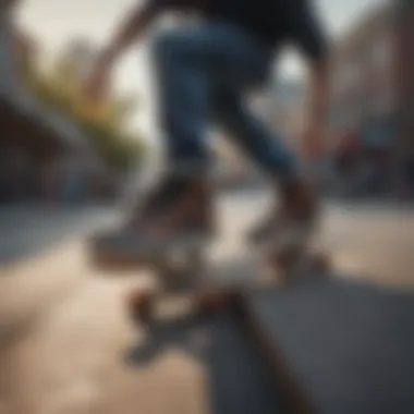 Skateboarders in action wearing high-performance skate shoes.