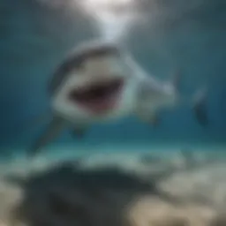 A breathtaking view of great white sharks swimming gracefully in clear blue waters.