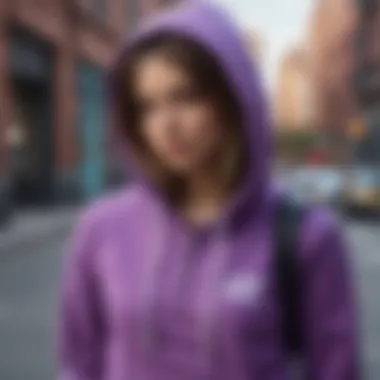 Styled outfit featuring Purple Vans Hoodie in urban setting