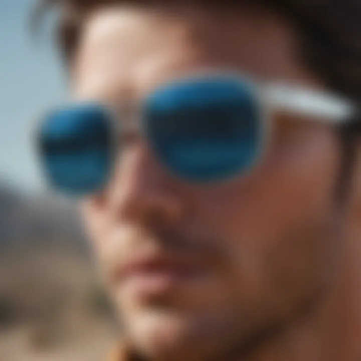 Active individual engaging in extreme sports while wearing Ray-Ban silver frame blue lens eyewear.