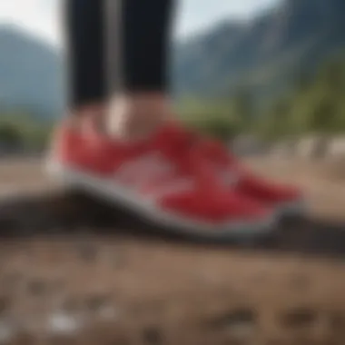 Dynamic shot of red Adidas slip-on shoes in an outdoor extreme sports setting.