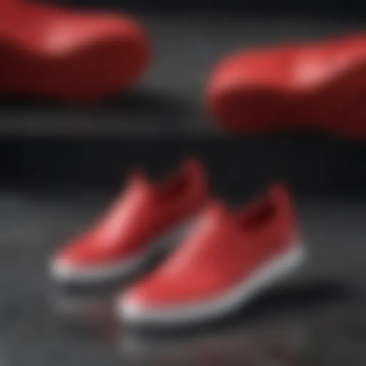 Display of red Adidas slip-on shoes next to casual outfits highlighting their versatility.