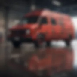 Dynamic scene showcasing red camouflage vans in action during an extreme sport event.