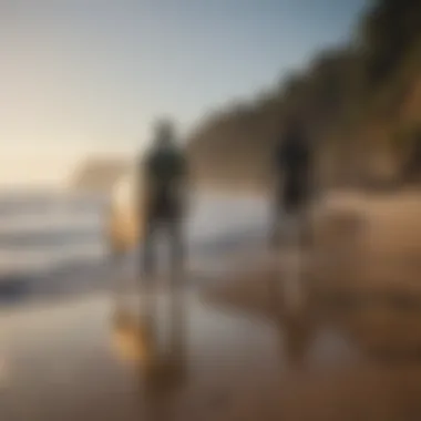 A group of surfers discussing techniques on the shoreline