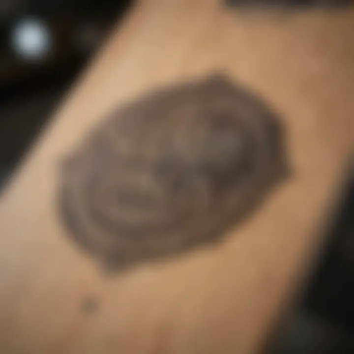 Close-up of skateboard deck featuring Santa Cruz logo and artistic graphics