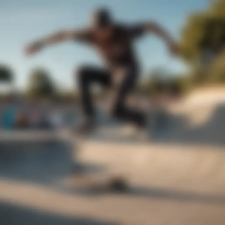 A skateboarder demonstrating tricks on a Santa Cruz skateboard at a skate park