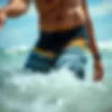 Detailed view of scallop boardshorts showcasing unique design features
