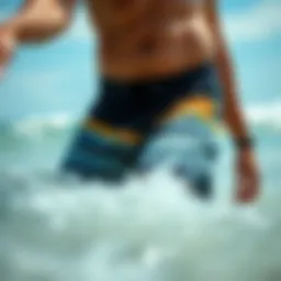 Detailed view of scallop boardshorts showcasing unique design features