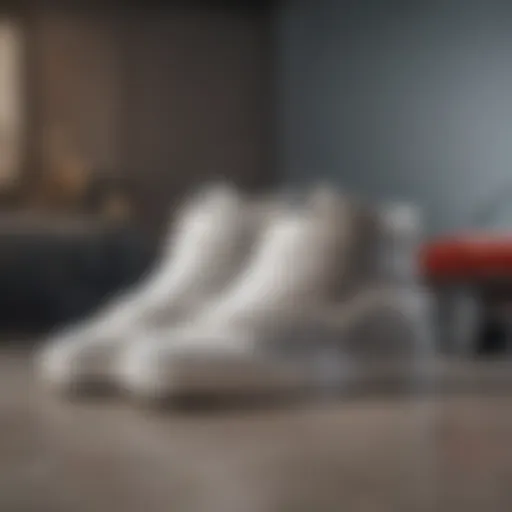 Iconic white checkered high top Vans showcased against a skateboard backdrop