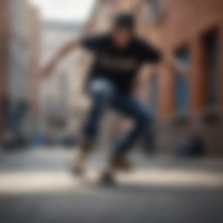 An action shot of a skater performing a trick while wearing durable skater jeans, emphasizing functionality and mobility.