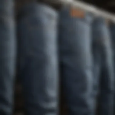 A close-up view of various styles of skater jeans displayed on hangers, showcasing their unique designs and fabric textures.