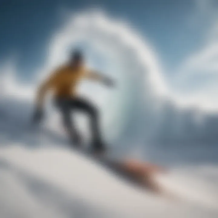 A breathtaking view of a ski surfer riding a wave in a snowy terrain.