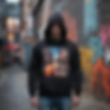 Stylish street hoodie displayed against a backdrop of vibrant graffiti art