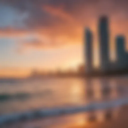 A panoramic view of Surfers Paradise beach at sunset, showcasing the vibrant colors of the sky reflecting on the water.