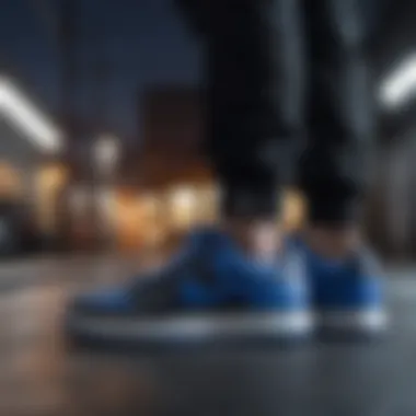 Stylish presentation of black and blue Nike shoes in an urban setting