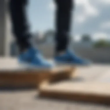 Dynamic action shot of Nike shoes on a skateboard ramp