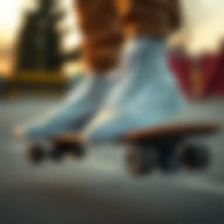 Iconic white checkerboard Vans worn on a skateboard