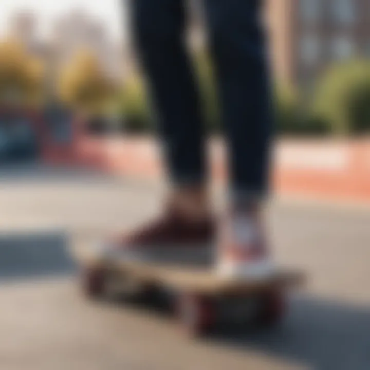 Person wearing plaid platform Vans at an urban skate park