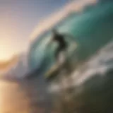 A surfer riding a powerful wave at a sunset beach