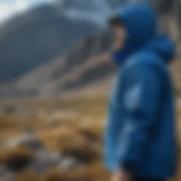 A blue windbreaker showcased against a rugged mountain backdrop